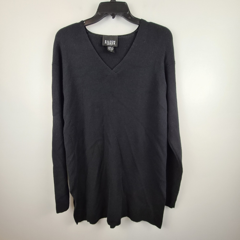 Eileen Fisher Womens Small Black 100% Wool V-Neck Long Sleeve Tunic Sweater